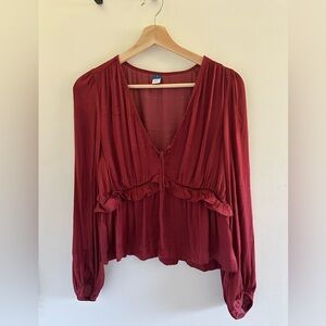 Old Navy Burgundy Long-Sleeve V-Neck Ruffle Blouse